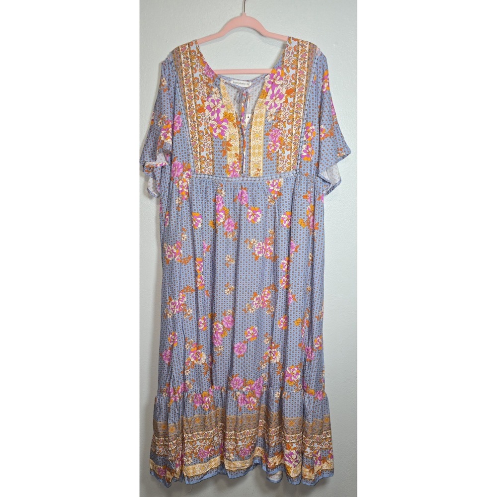Rusttydustty Plus Size 3XL Blue Pink Floral Border Print Empire Waist Maxi Dress